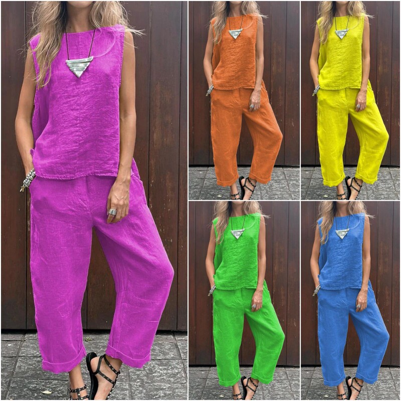 Southeast Asia Cross-Border Spring and Summer Large Size Loose-Fitting Casual Stylish Linen Sleeveless Solid Color Fashion Sports Suit