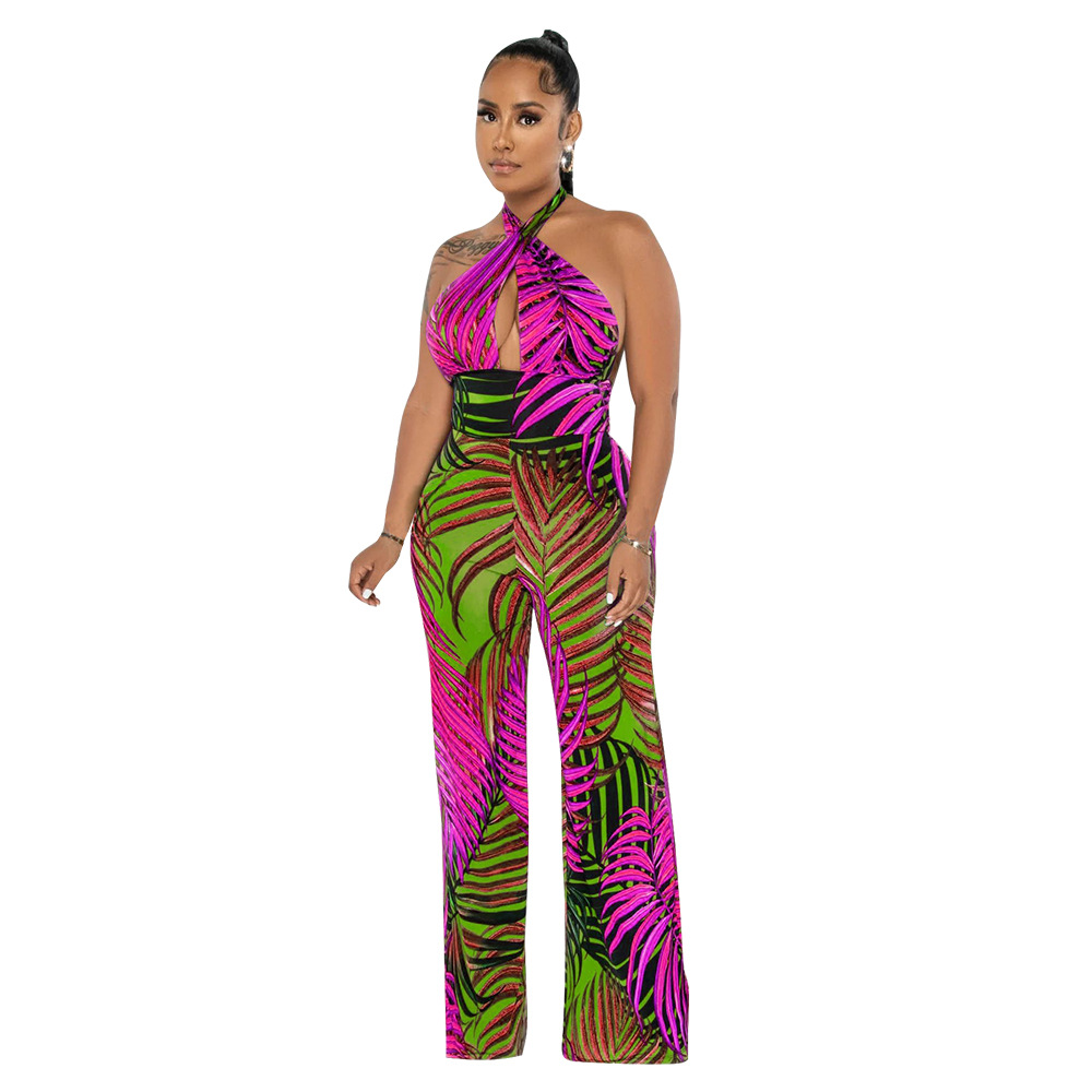 K10417 europeo y americano transfronterizo ropa de mujer al por mayor AliExpress sin mangas sexy backless encaje-arriba impreso mono 2023 nuevo