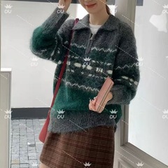 复古费尔岛半拉链毛衣2025秋上新外穿轻奢高级针织毛绒感上衣女