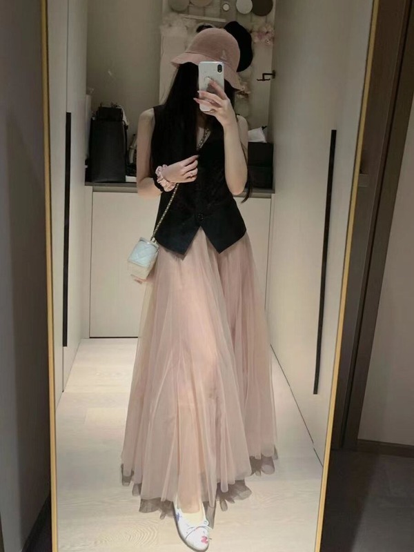 2025新款春秋粉色a字纱裙高腰中长款网纱半身裙女超仙伞裙垂感|undefined