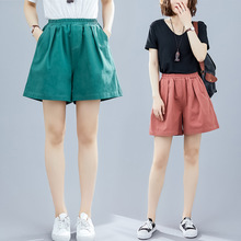 2021夏季新款宽松大码文艺休闲绿色红色阔腿裤短裤女棉学院风棉麻