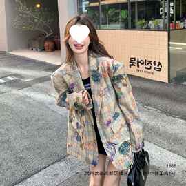 涂鸦印花小西装外套女春秋新款韩系设计感休闲时尚炸街宽松小西服