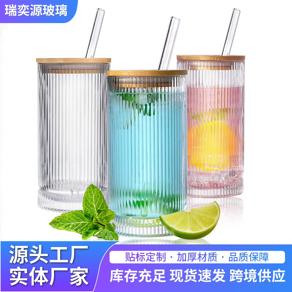 Taza de paja de vidrio vertical con cubierta de bambú taza de bebida fría taza de café doméstica de alto valor de cara en línea taza de jugo de frutas