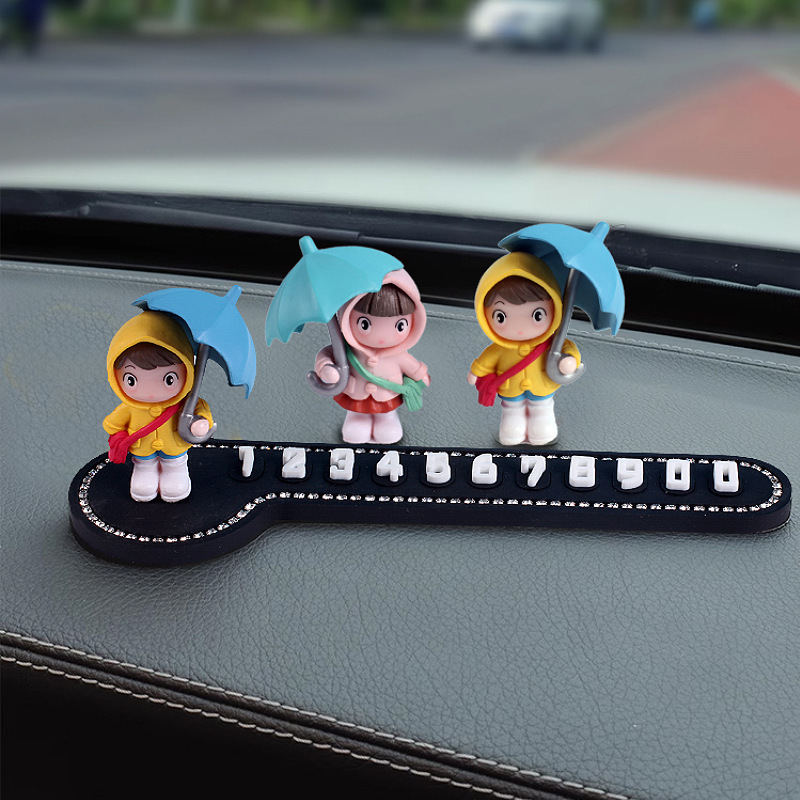 Tarjeta de estacionamiento temporal para automóvil, placa de número de diamante, movimiento de automóvil, placa de teléfono, paraguas, niña de dibujos animados, mujer