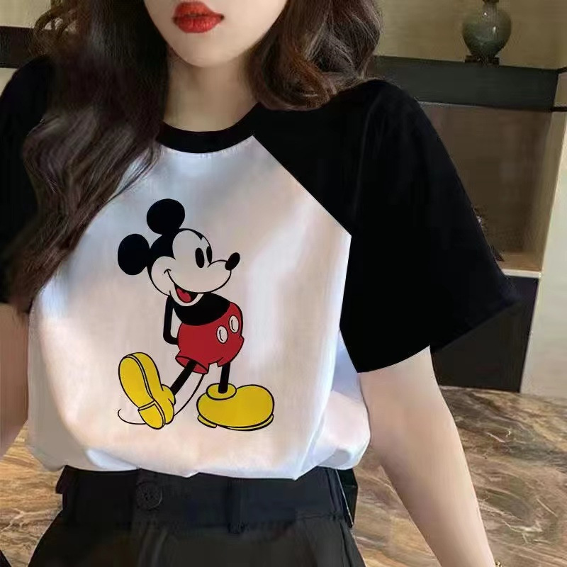 Pure Cotton Short-Sleeved T-Shirt for Women 2026 Summer New Korean Style Loose Black and White Contrasting Mickey Stylish Top Ins Trend