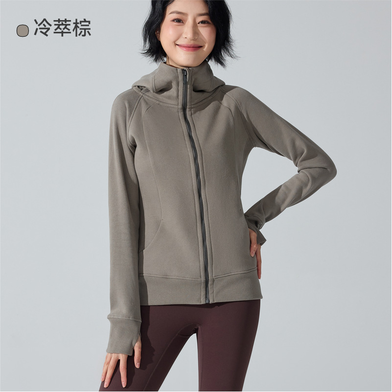 Otoño y invierno abrigo deportivo caliente con cremallera completa con chaqueta de yoga encapuchada con camisa de lana para correr y correr chaqueta de fitness image 11