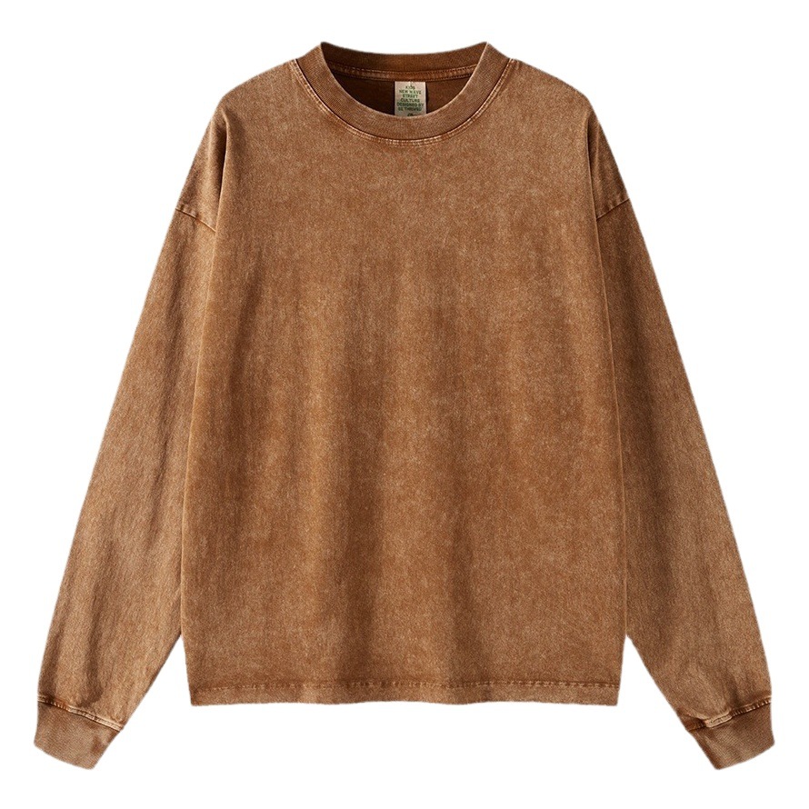 WD moda marca ropa para padres e hijos | Color sólido pesado Algodón puro americano casual lavado angustiado manga larga Camiseta niños adultos primavera y otoño