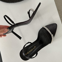 Black satin rhinestone strap sandals 2024 summer new slim heeled pointed sexy high heeled women's shoes