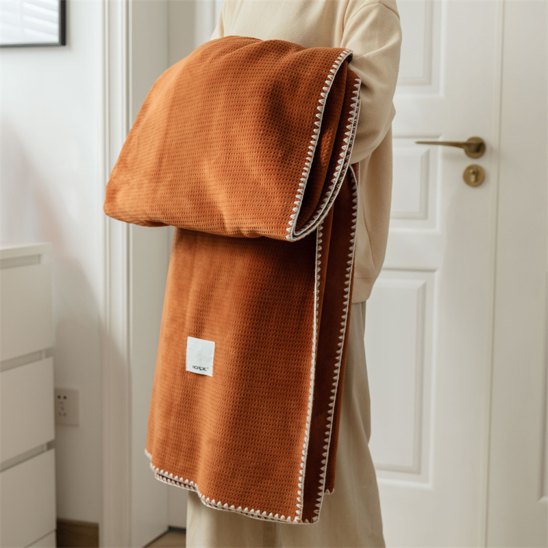 Waffle Thickeneded Coral Velvet Blanket Office Nap Air Conditioning Cover Blanket Flannel Sofa Thin Blanket for Bed