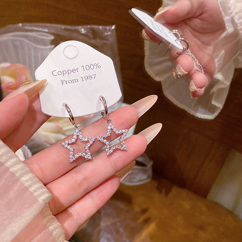 韩系精致微镶锆石五角星耳环女个性冷淡风镂空星星耳钉简约耳饰品|undefined