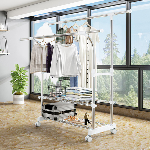 Clothes drying rack floor-standing household clothes drying rack double pole movable drying rack balcony telescopic stainless steel thick clothes drying pole