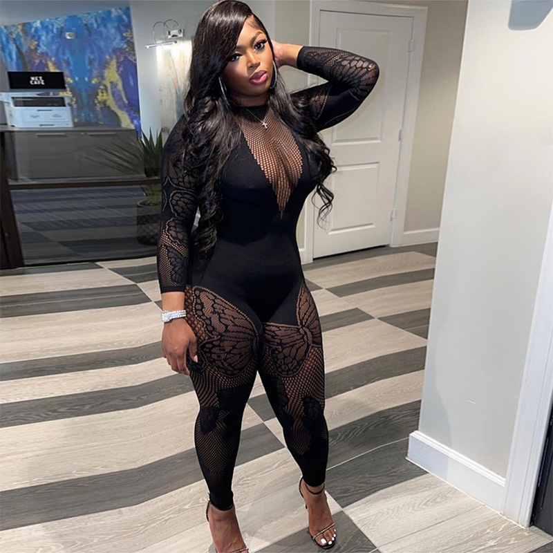 Salopetă damă mânecă lungă cu model fluture și transparență_voghion.com