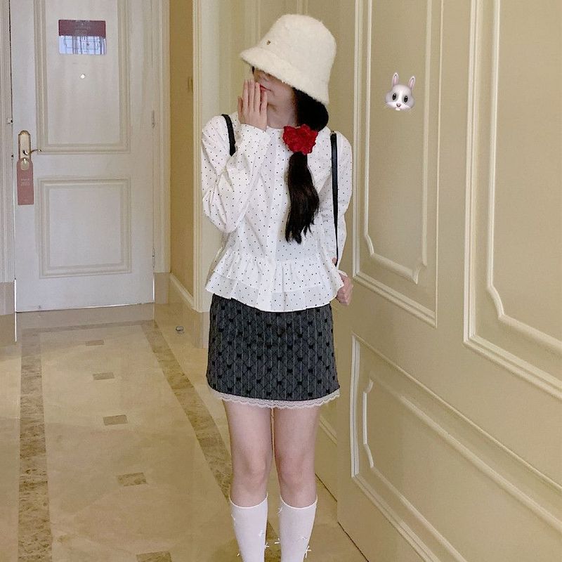 花边早春双层长袖日系miu小个子软妹设计上衣感系波点娃娃领衬衫|undefined
