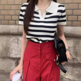 韩国chic夏季复古小众POLO领休闲百搭显瘦撞色短袖条纹针织上衣女