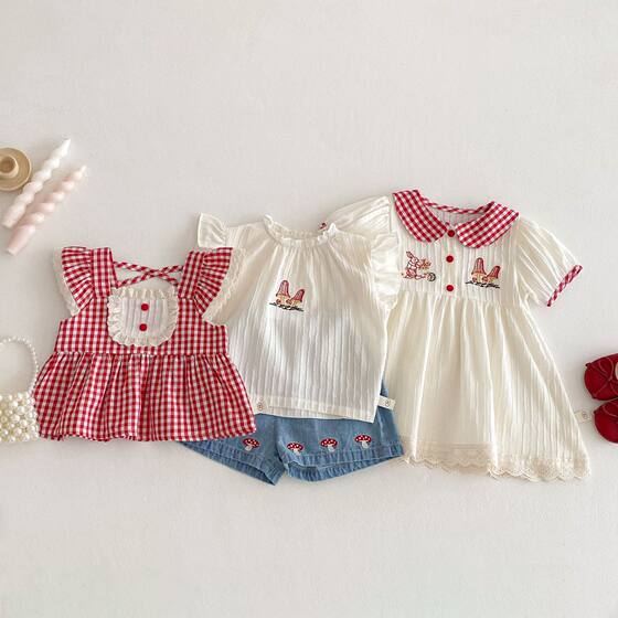 Children's Plaid dress 2025 New Summer Baby Korean Style Summer Girl's Doll Collar Embroidered Rabbit Skirt