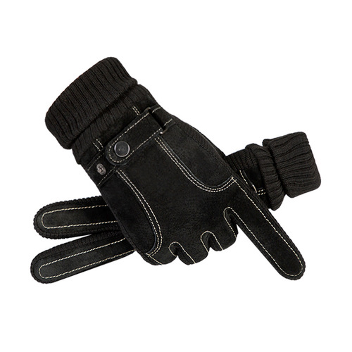 Leather gloves for men, winter and autumn, lined and thick, warm, outdoor cycling, electric motorcycle windproof, touch screen, big cotton