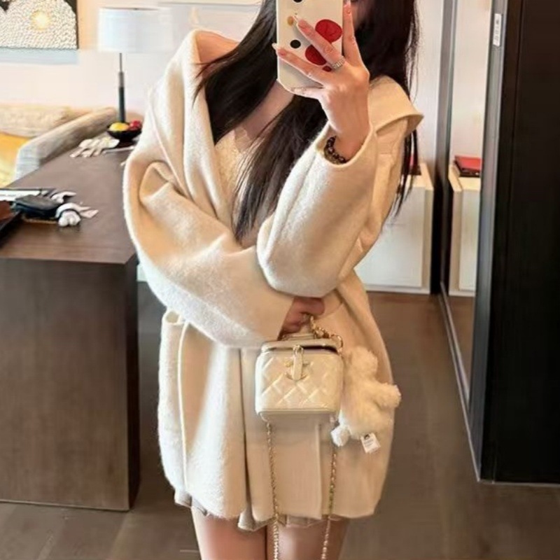 慵懒风针织毛衣开衫女2025秋冬新款连帽中长款大码软糯针织外套女