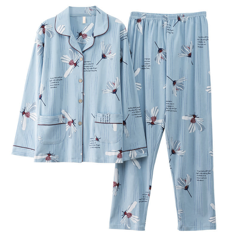 Pijamas de algodón puro primavera y otoño de las mujeres de manga larga más el tamaño cardigan traje de las madres de mediana edad y ancianos ropa de casa al aire libre