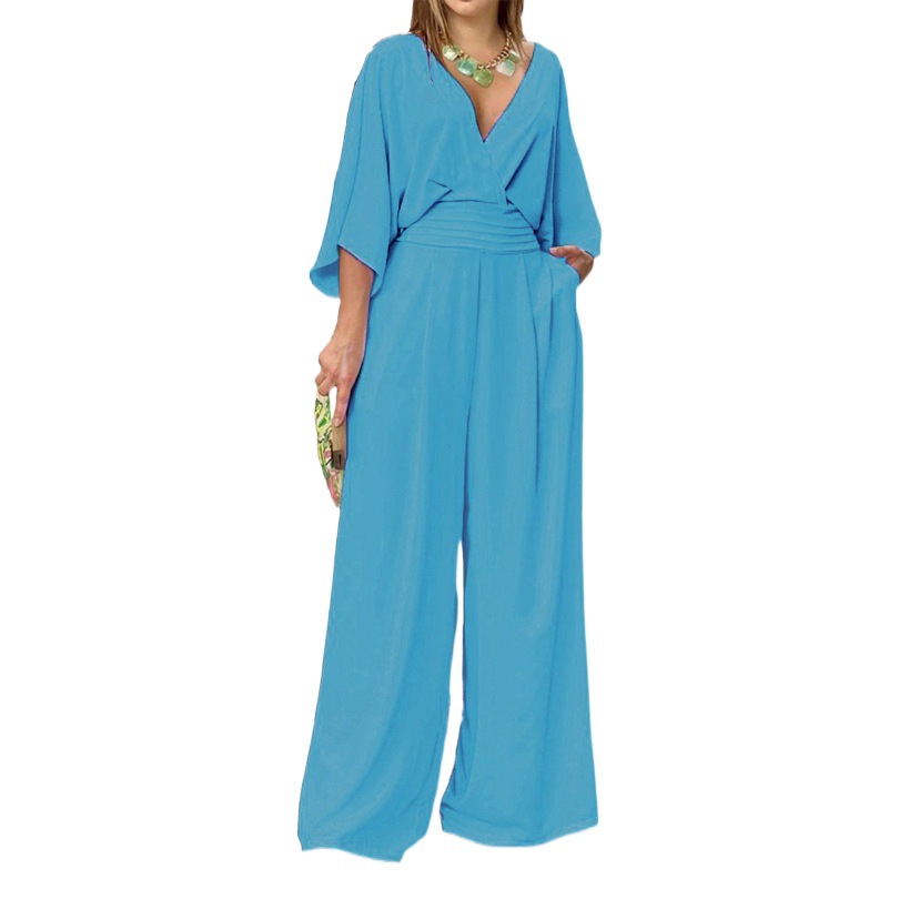 Mono de mujer elegante y casual de color liso con cuello en V y pierna ancha, estilo europeo y americano, novedad primavera 2026