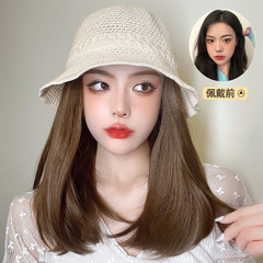 Detachable hollow breathable fisherman hat lock bone hair wig women's long curly hair fashion wig hat