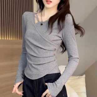 Autumn New Fashion Decorative Button Top Women's All-match Stylish Long-sleeved Pleated Elegant Super Nice Base Shirt