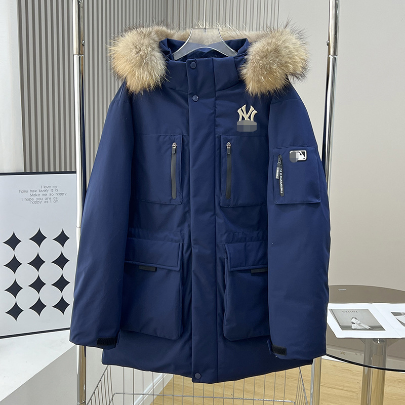 张淩赫同款MLB羽绒服女 貂子毛领中长款工装宽松刺绣男女鹅绒外套|undefined