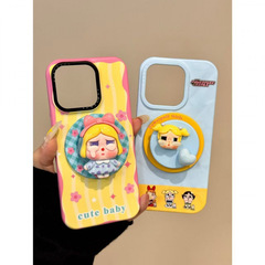 かわいい波状のピンクと黄色のリボン泣いている赤ちゃんホルダー iphone16promax apple 15 携帯電話ケース 14 に適しています