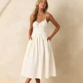 欧美2025亚马逊时尚TikTok吊带蕾丝插袋纯色性感连衣裙爆款现货女