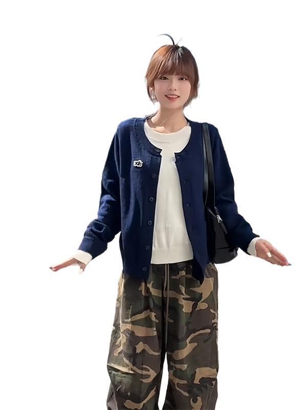 韩系撞色拼接假两件针织开衫女早秋宽松休闲百搭短款长袖毛衣外套|undefined