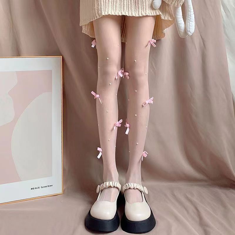 Japanese Style Jk Bow Pearl White Stockings Lolita Leg Shaping Thin Anti-Snagging Lolita Pantyhose