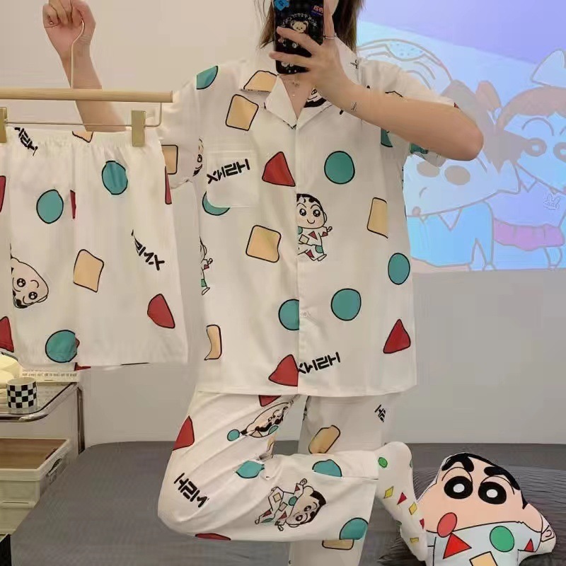 Pijamas de alta gama para mujer, conjunto de tres piezas con cárdigan a rayas de manga corta para verano, se puede usar en exteriores, conjunto de ropa para el hogar para primavera y otoño de 2025
