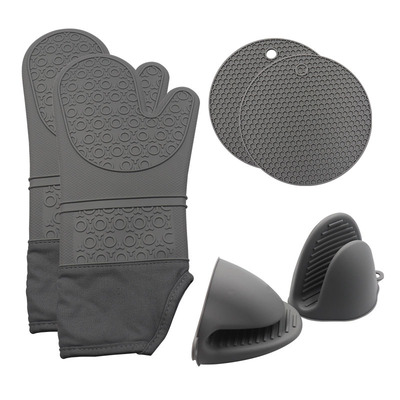 加長加棉矽膠隔熱手套6件套 微波爐隔熱手套手夾隔熱墊套裝