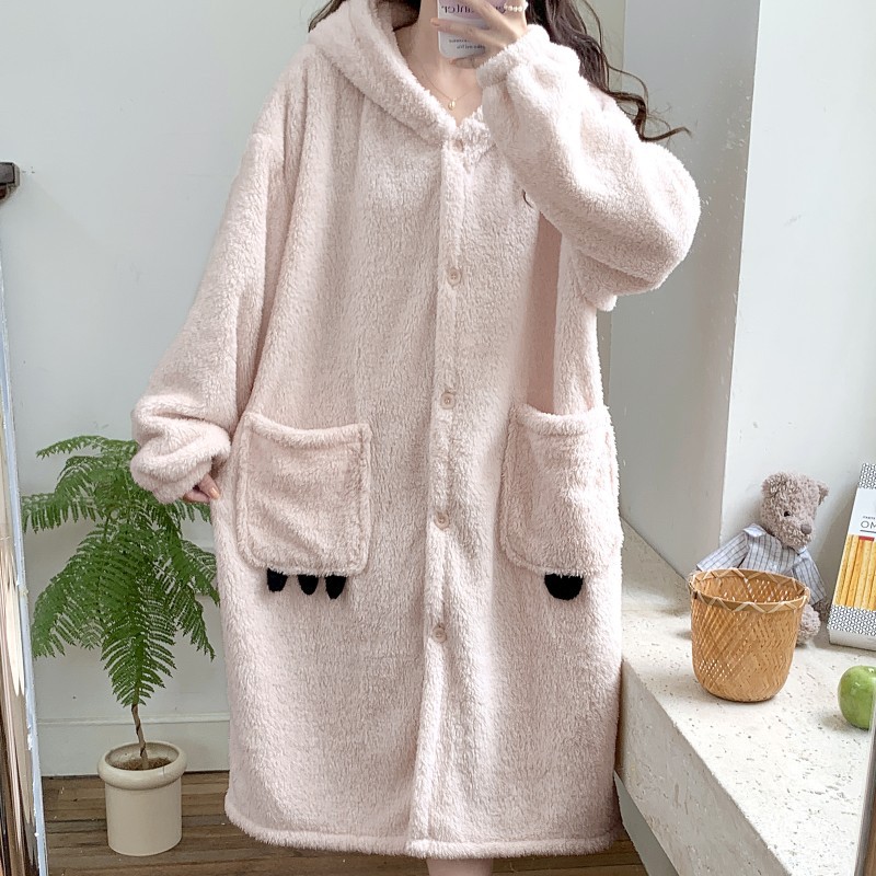 2024 camisón de lana de coral de las mujeres de otoño e invierno largo más el tamaño con capucha, además de terciopelo Albornoz pijamas chaqueta desgaste del hogar transmisión en vivo