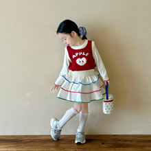 2025春季新款女童洋气苹果针织背心+打底衫+彩色浪边蓬蓬裙三件套