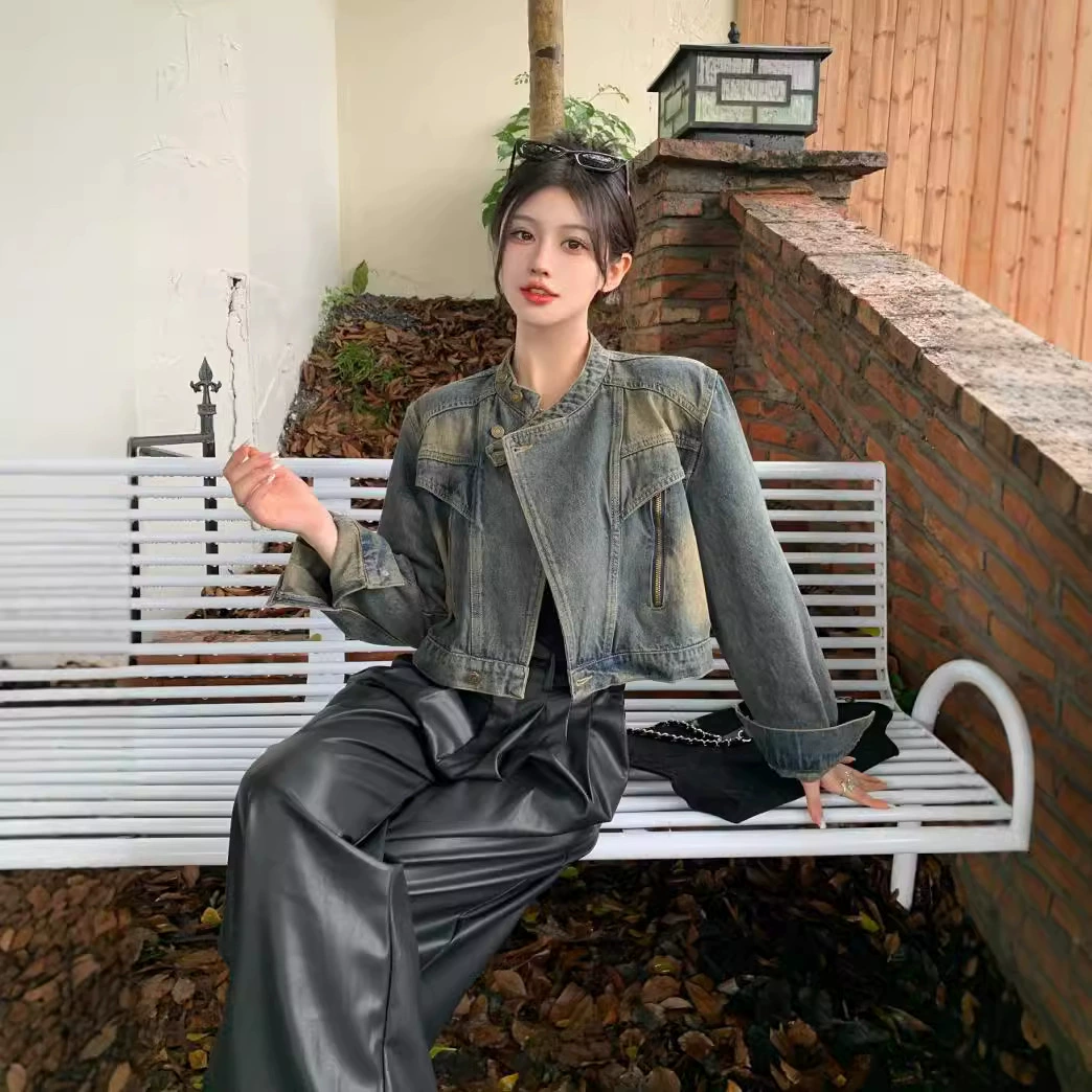 Осень ретро джинсовая короткая куртка, Oversize, свободный крой