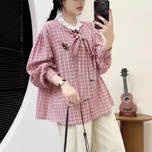 I日系森系木耳圆领格子棉衬衫女春季新款宽松百搭减龄文艺系带上