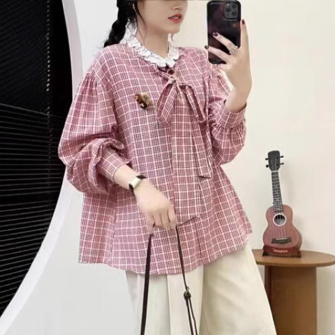 I日系森系木耳圆领格子棉衬衫女春季新款宽松百搭减龄文艺系带上
