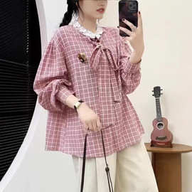 I日系森系木耳圆领格子棉衬衫女春季新款宽松百搭减龄文艺系带上