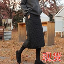 韩版休闲菱格半身裙秋冬2023新款女装冬季过膝中长款加厚夹棉裙子