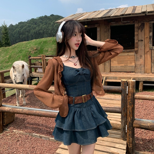 2025 Summer Women's Post-Apocalyptic Style Denim Suspender Dress + Cropped Cardigan Set for Petite Figures