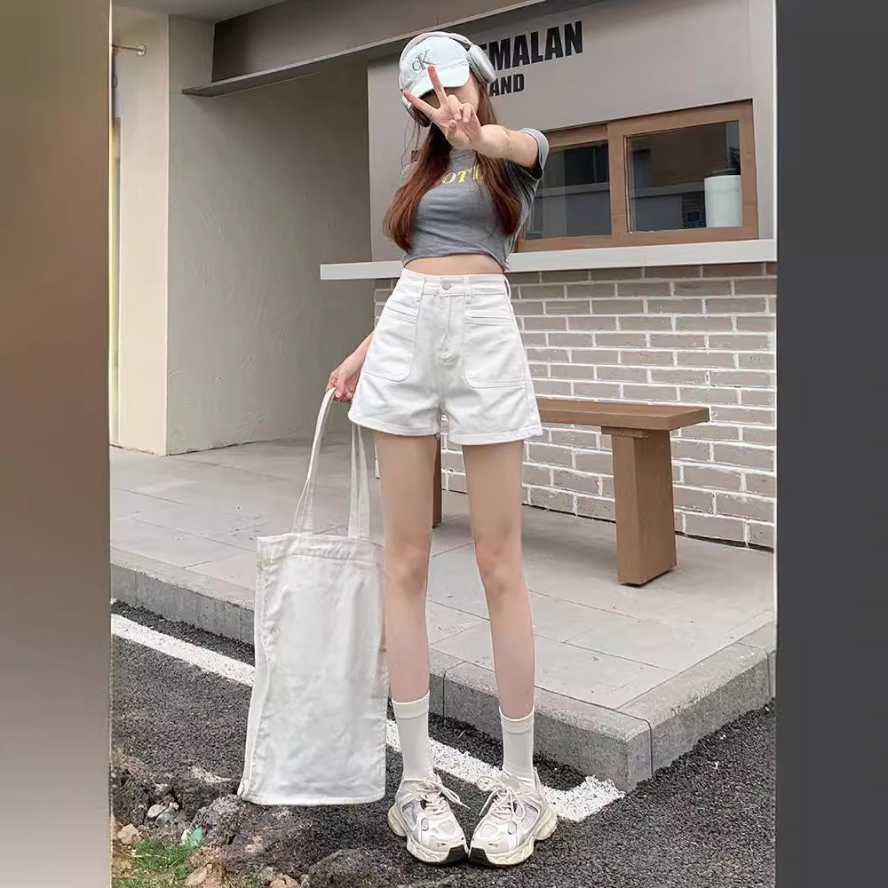 높은 허리 흰색 데님 반바지 여성의 2024 여름 새로운 포켓 디자인 틈새 넓은 다리 A 자형 핫 바지