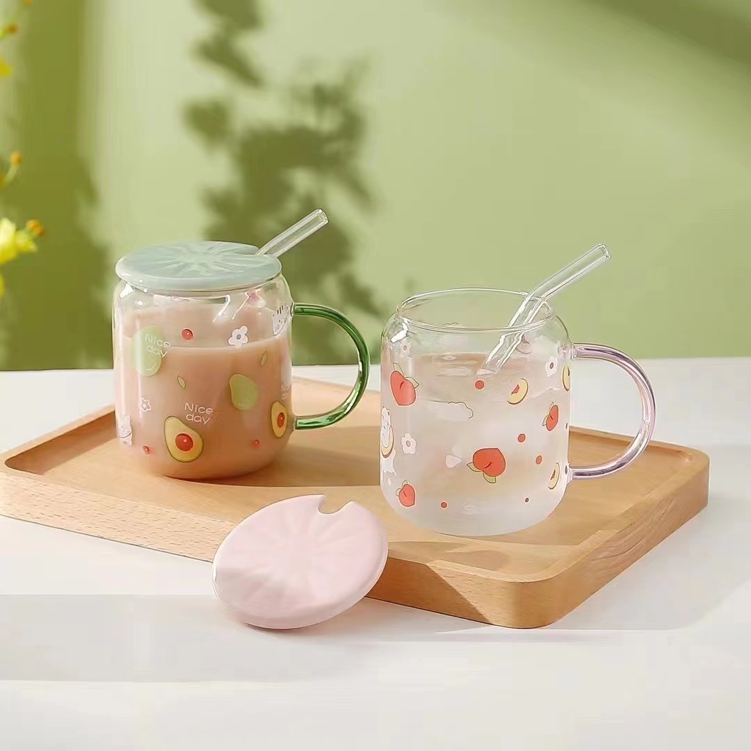 Regalo creativo de la historieta fruta vidrio con tapa paja personalizada taza potable simple puede en línea celebridad