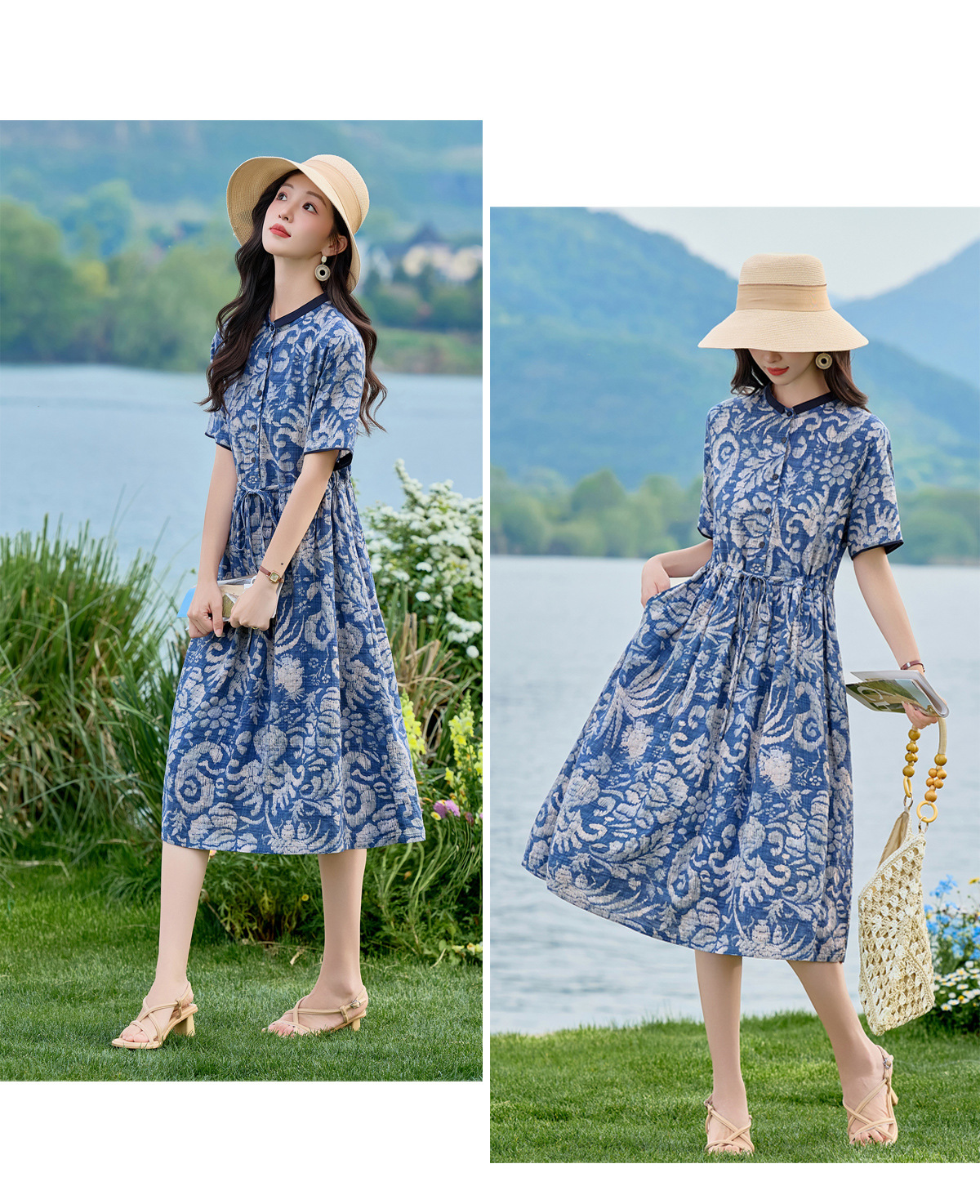 Đầm maxi nữ thắt eo họa tiết hoa nhí dáng suông rộng NI825 — Xanh lông mòng đen chi tiết 18