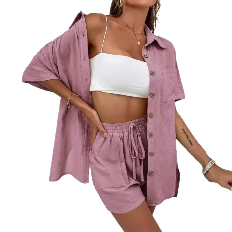 2026 In-Stock Cross-Border Aliexpress Fashion Shorts Two-Piece Solid Color Shirt Set for Women Casual Loose Short-Sleeve Single-Breasted 5
