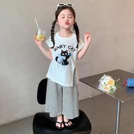 网红宝宝韩系条纹小众套装中小童夏季新款卡通英文印花阔腿裤夏装