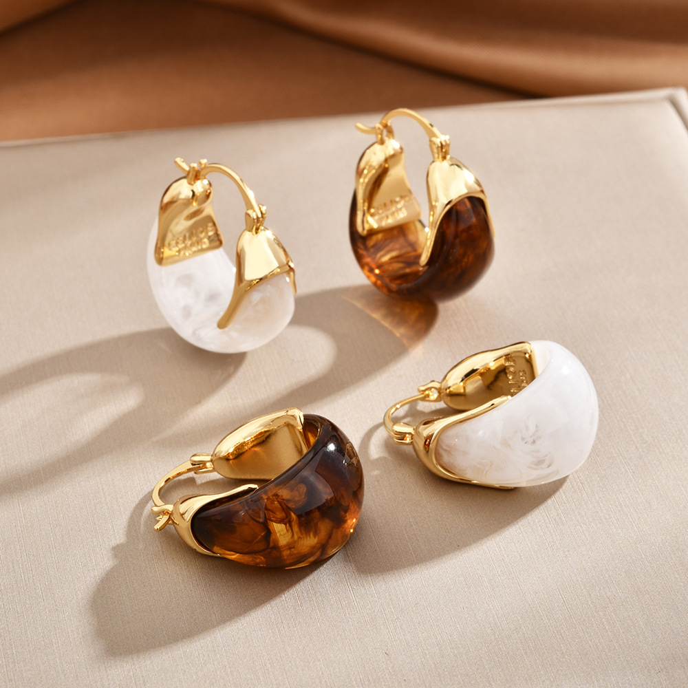 Maillard Autumn and Winter Retro Brown Resin U-Shaped Earrings Simple Hong Kong Style Accessible Luxury High-End Earrings Elegant Earrings
