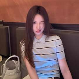 冰爽丝韩系条纹针织冰丝短袖POLOT恤女夏季女装上衣修身短款翻领