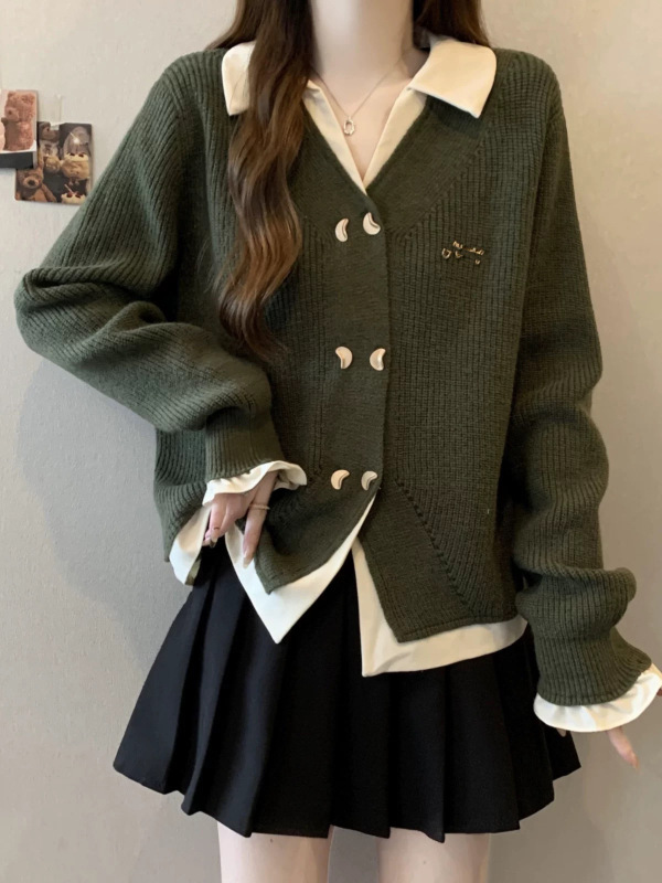 设计感撞色假两件针织开衫女2025秋冬新款气质宽松学院风毛衣外套|undefined