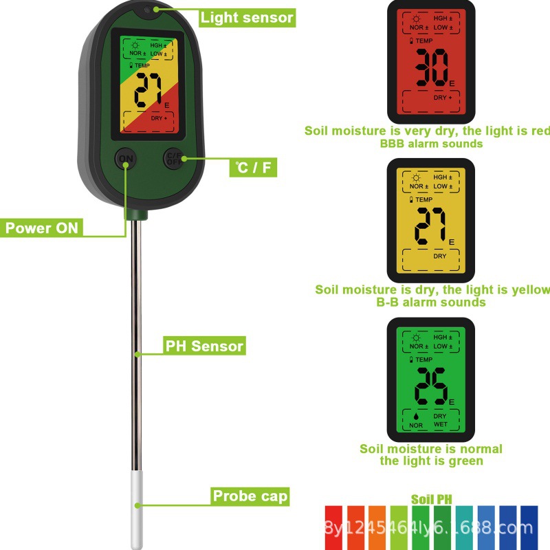 亚马逊热卖5合1土壤PH土壤湿度计土壤温度计土壤PH计声音发光报警