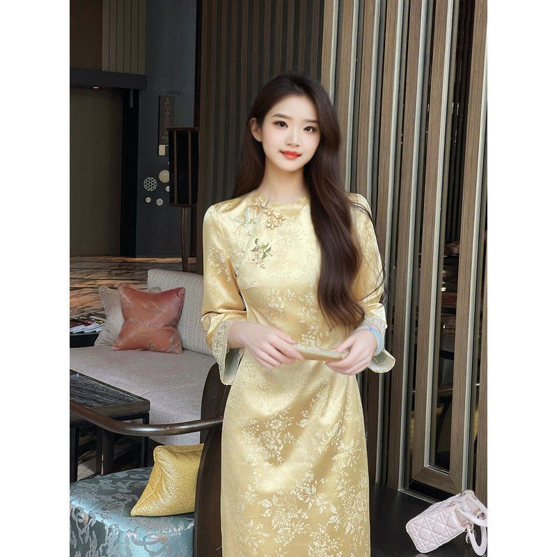 Wallhua' New Chinoiserie Satin Improved Cheongsam Women's Autumn and Winter New Jacquard Embroider Beautiful Long-Sleeved Slim Dress